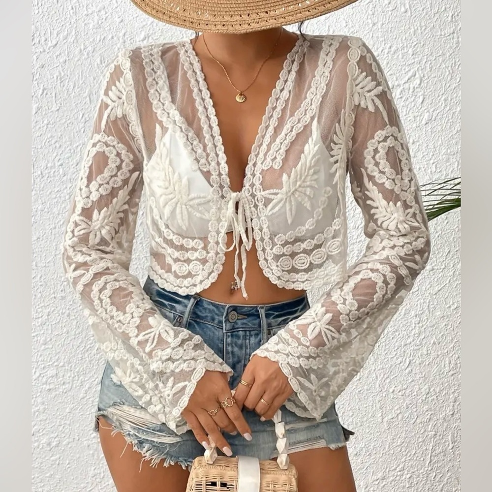 Floral Lace Tie Front Sheer Crop Top